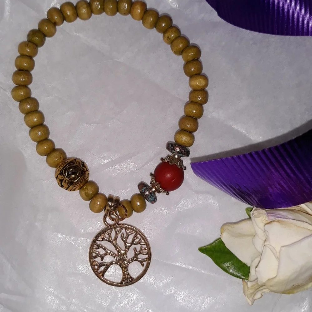 Tree of Life Bracelet Wooden Beads with Gold Tree of Life Charm adjustable NEW